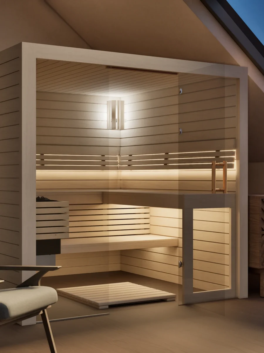 Sauna Kristall Profilholz Linde mit geöffneter Glastür