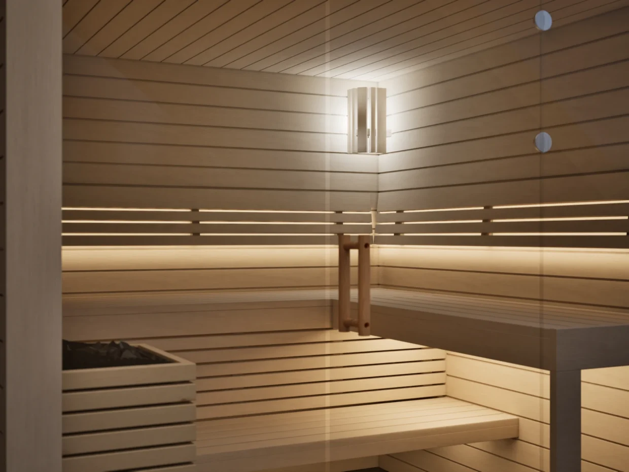 Blick durch die Glasfront in die Sauna Kristall Profilholz Linde