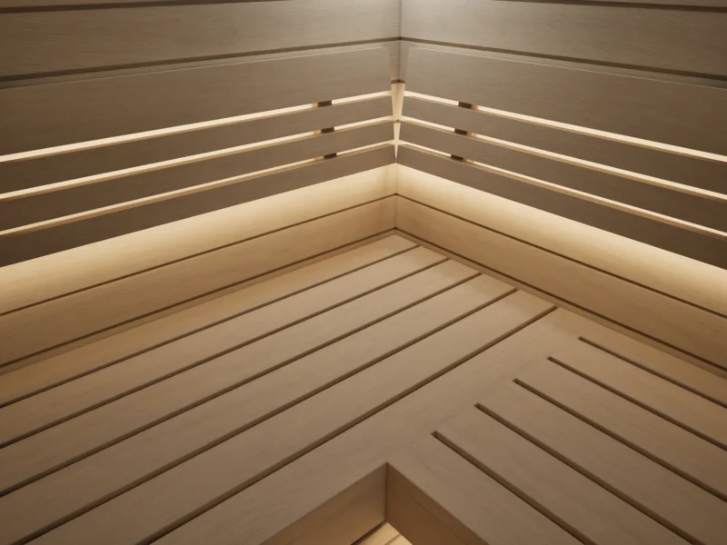 Bankecke der Sauna Kristall Profilholz Linde mit LED-Licht hinter den Rückenlehnen