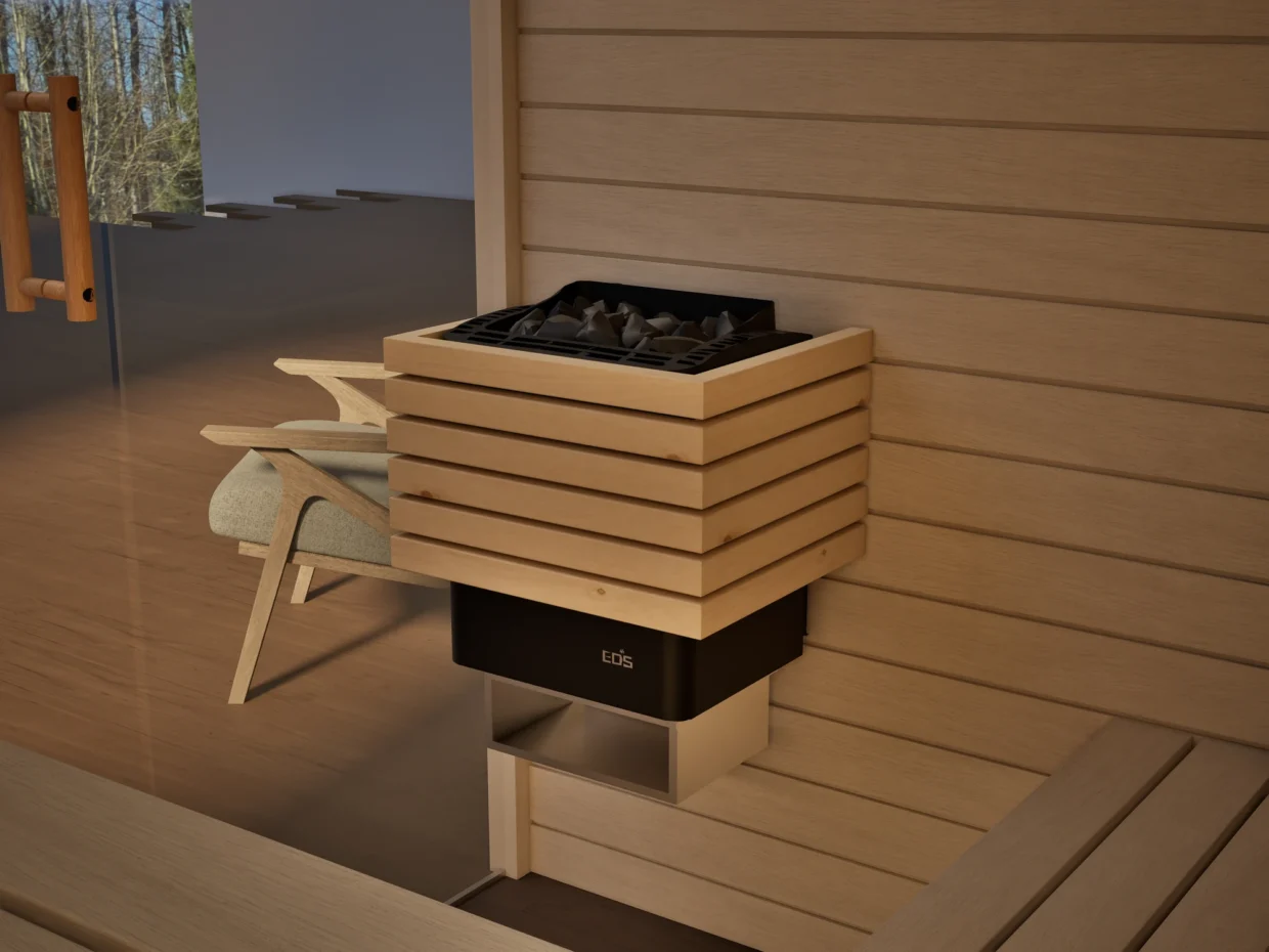 Saunaofen mit Steinen in der Sauna Kristall Profilholz Linde