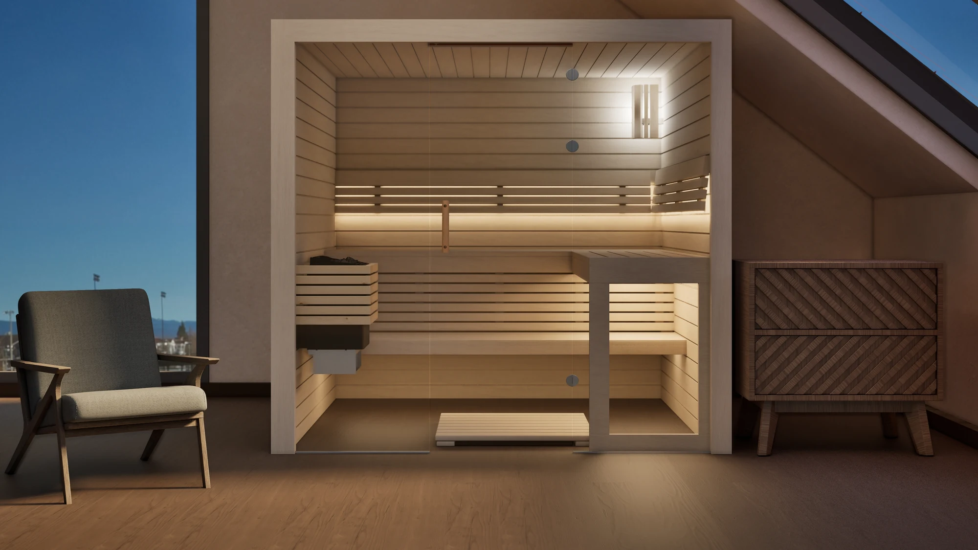 Sauna Kristall Profilholz Linde im Wohnraum unter der Dachschräge