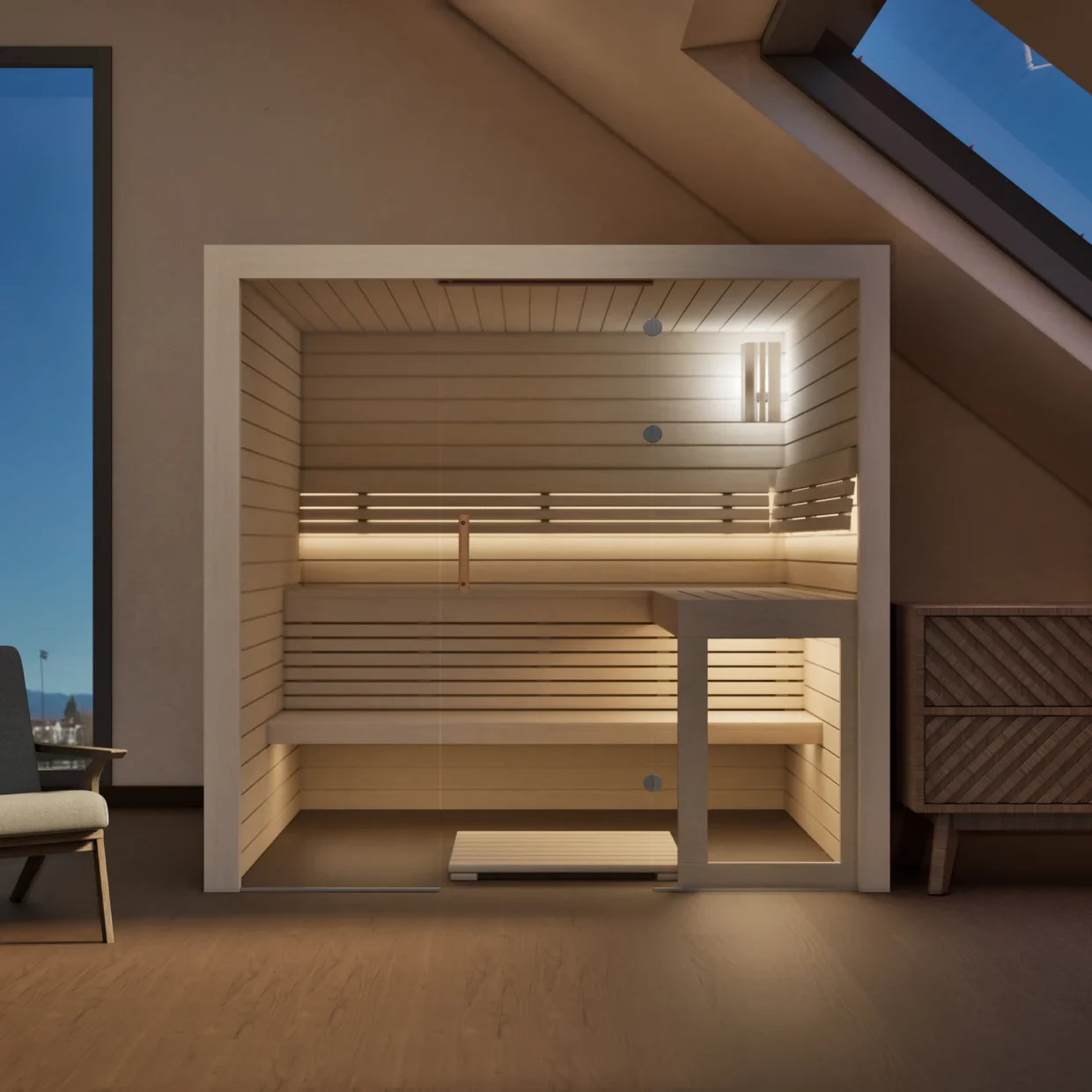 Sauna Kristall Profilholz Linde im Wohnraum unter der Dachschräge, Kabine ohne Saunaofen