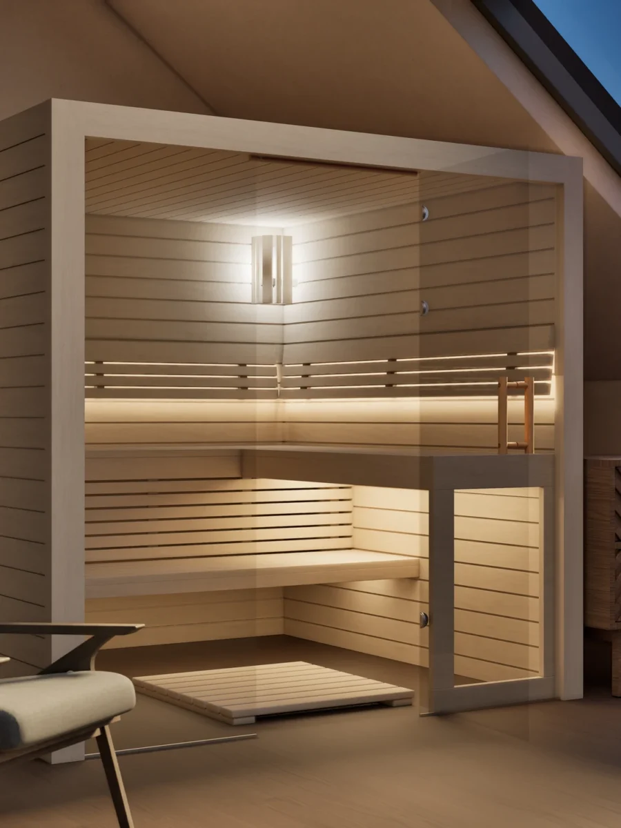 Sauna Kristall Profilholz Linde mit geöffneter Glastür, Kabine ohne Saunaofen