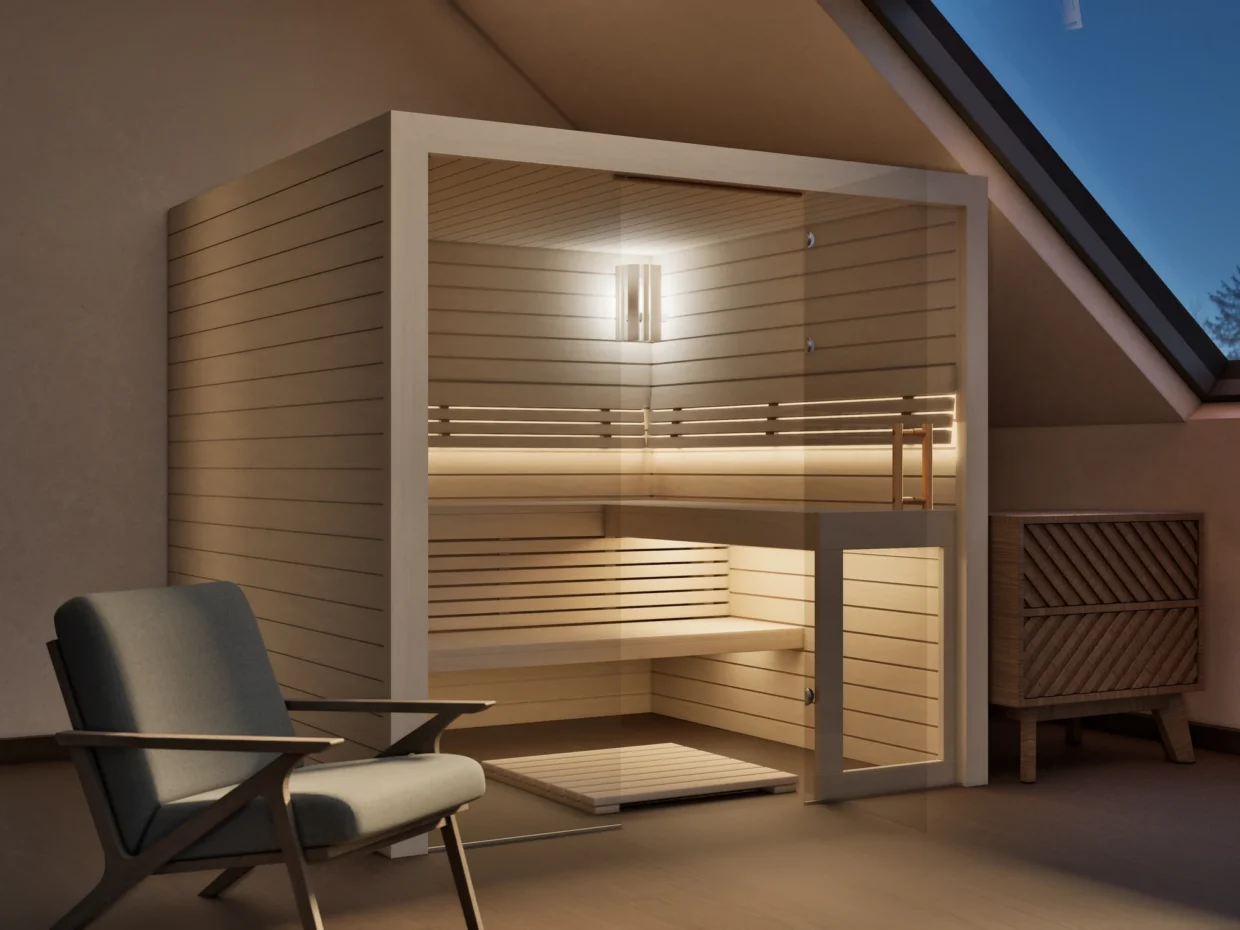 Sauna Kristall Profilholz Linde mit geöffneter Glastür, Kabine ohne Saunaofen