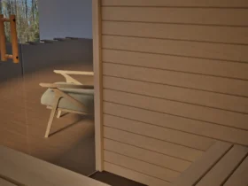 Innenraum der Sauna Kristall Profilholz Linde mit freiem Ofenplatz