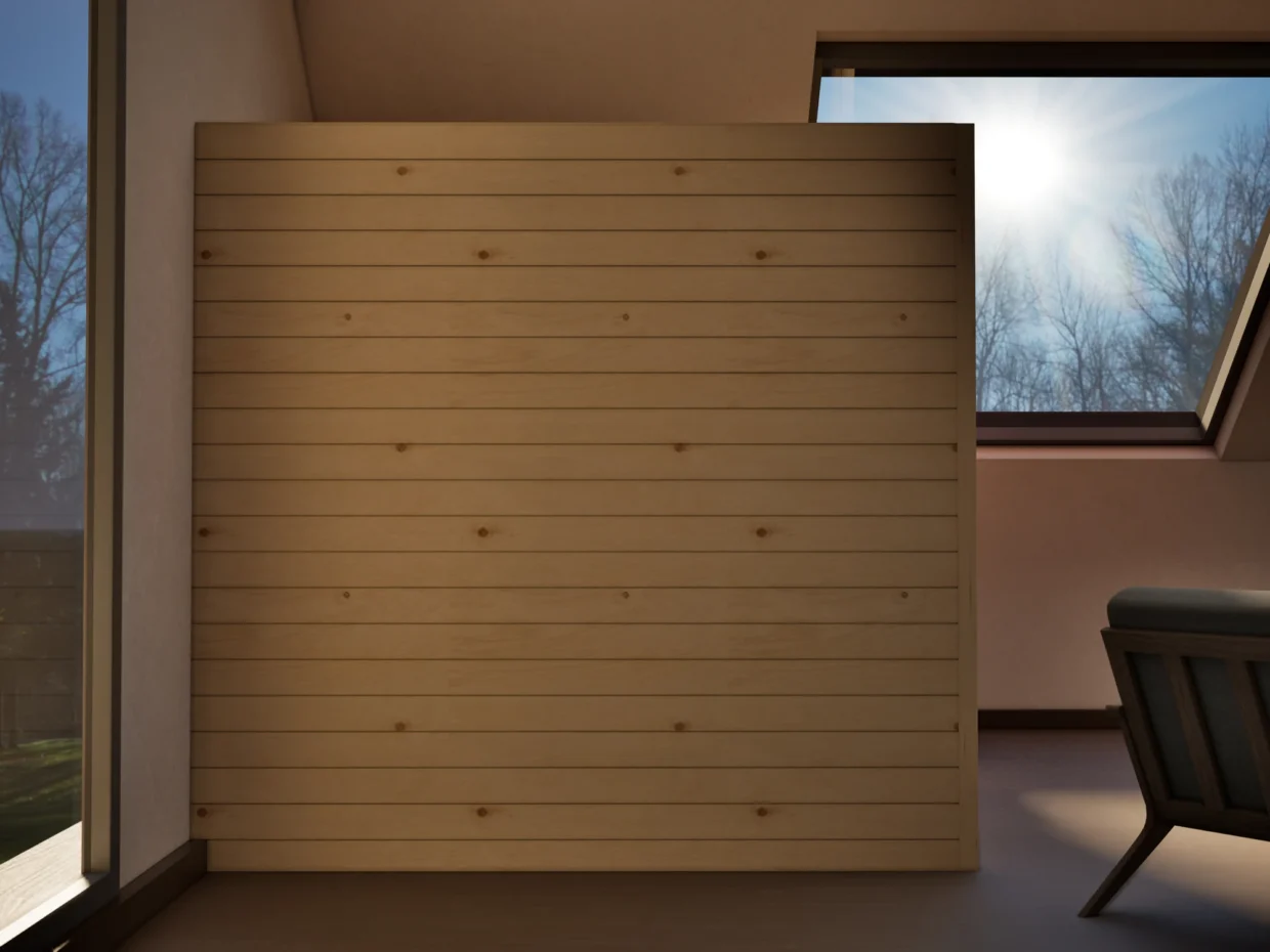 Sauna Kristall Profilholz Zirbe von der Seite im Wohnraum