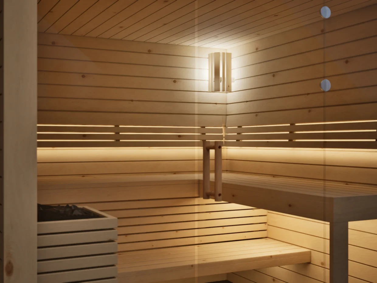 Blick durch die Glasfront in die Sauna Kristall Profilholz Zirbe