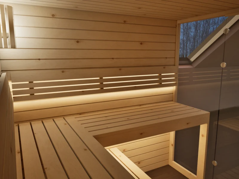 Liegeflächen der Sauna Kristall Profilholz Zirbe mit indirektem LED-Licht
