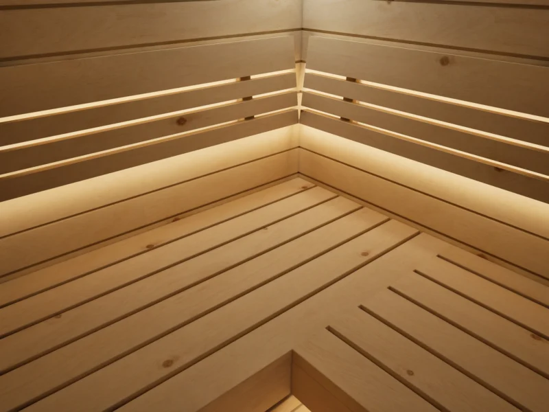 Bankecke der Sauna Kristall Profilholz Zirbe mit LED-Licht hinter den Rückenlehnen