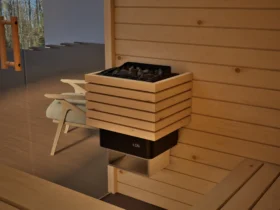 Saunaofen mit Steinen in der Sauna Kristall Profilholz Zirbe