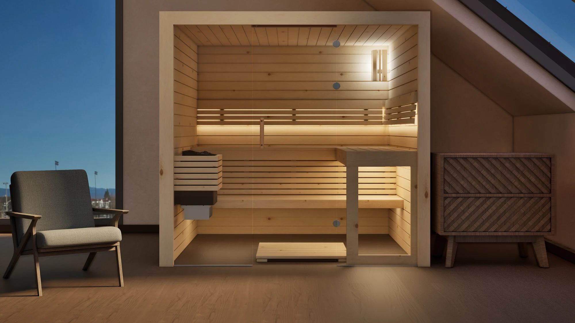 Sauna Kristall Profilholz Zirbe im Wohnraum unter der Dachschräge
