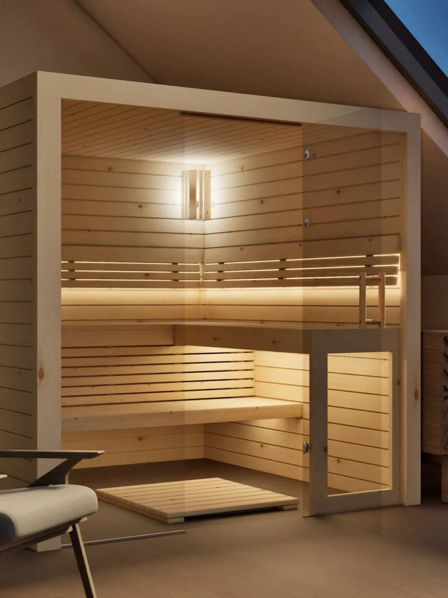 Sauna Kristall Profilholz Zirbe mit geöffneter Glastür, Kabine ohne Saunaofen