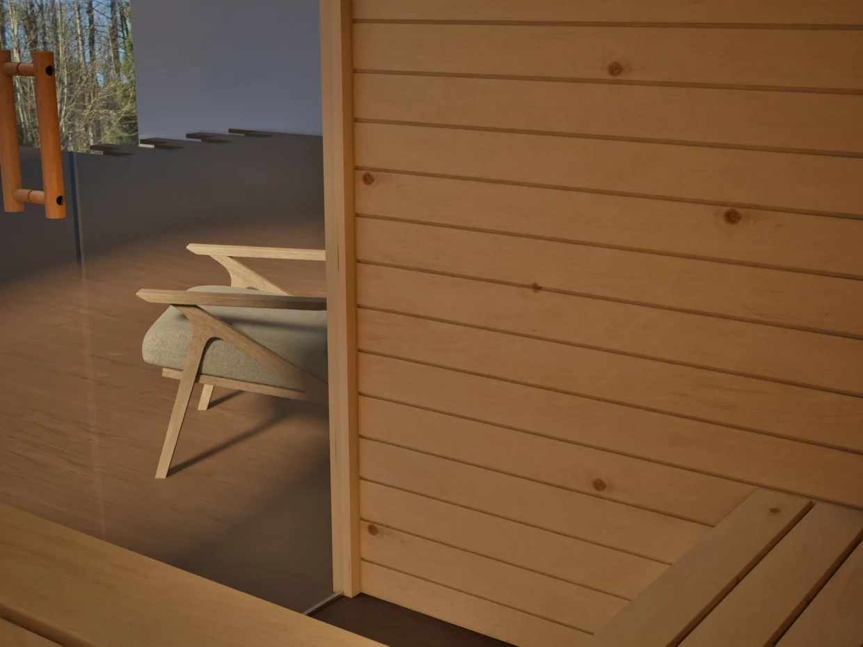 Innenraum der Sauna Kristall Profilholz Zirbe mit freiem Ofenplatz