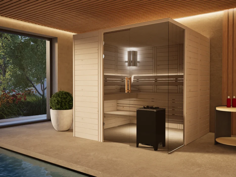 Sauna Morena mit Glasecke in einem Raum mit Schwimmbad