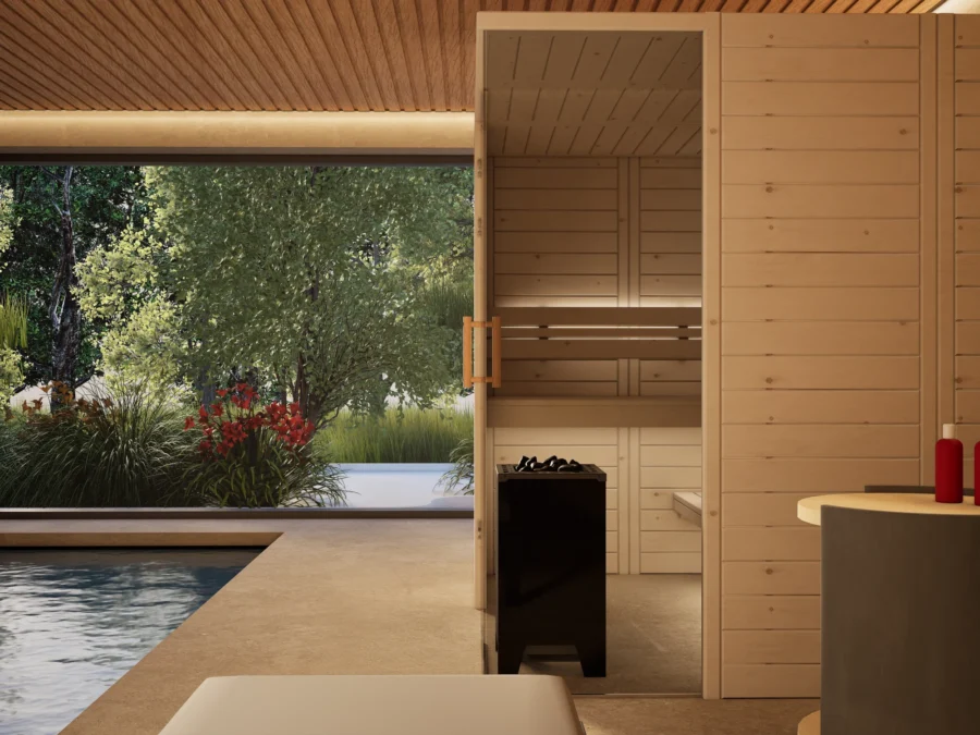 Sauna Morena Massivholz Zirbe – Glastür mit Holzgriff, Blick in den Garten