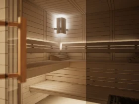 Innenraum der Sauna Morena Massivholz Zirbe mit Lampe und Liegen