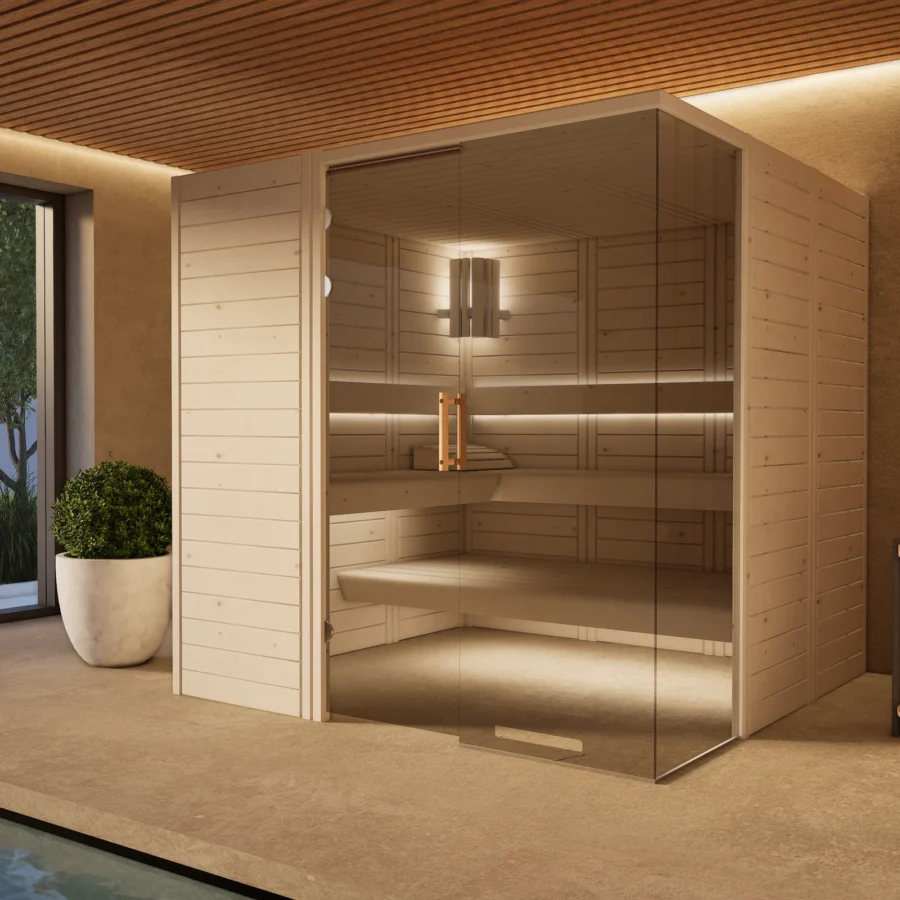 Sauna Morena Massivholz Zirbe Individual am Pool, Lieferung ohne Saunaofen