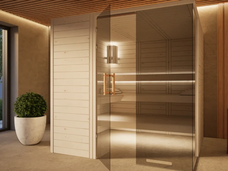 Sauna Morena Massivholz Zirbe Individual mit geöffneter Glastür, Ofenplatz noch frei