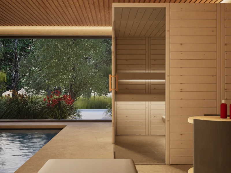 Sauna Morena Massivholz Zirbe Individual von der Seite, Glastür mit Holzgriff und Blick in den Garten