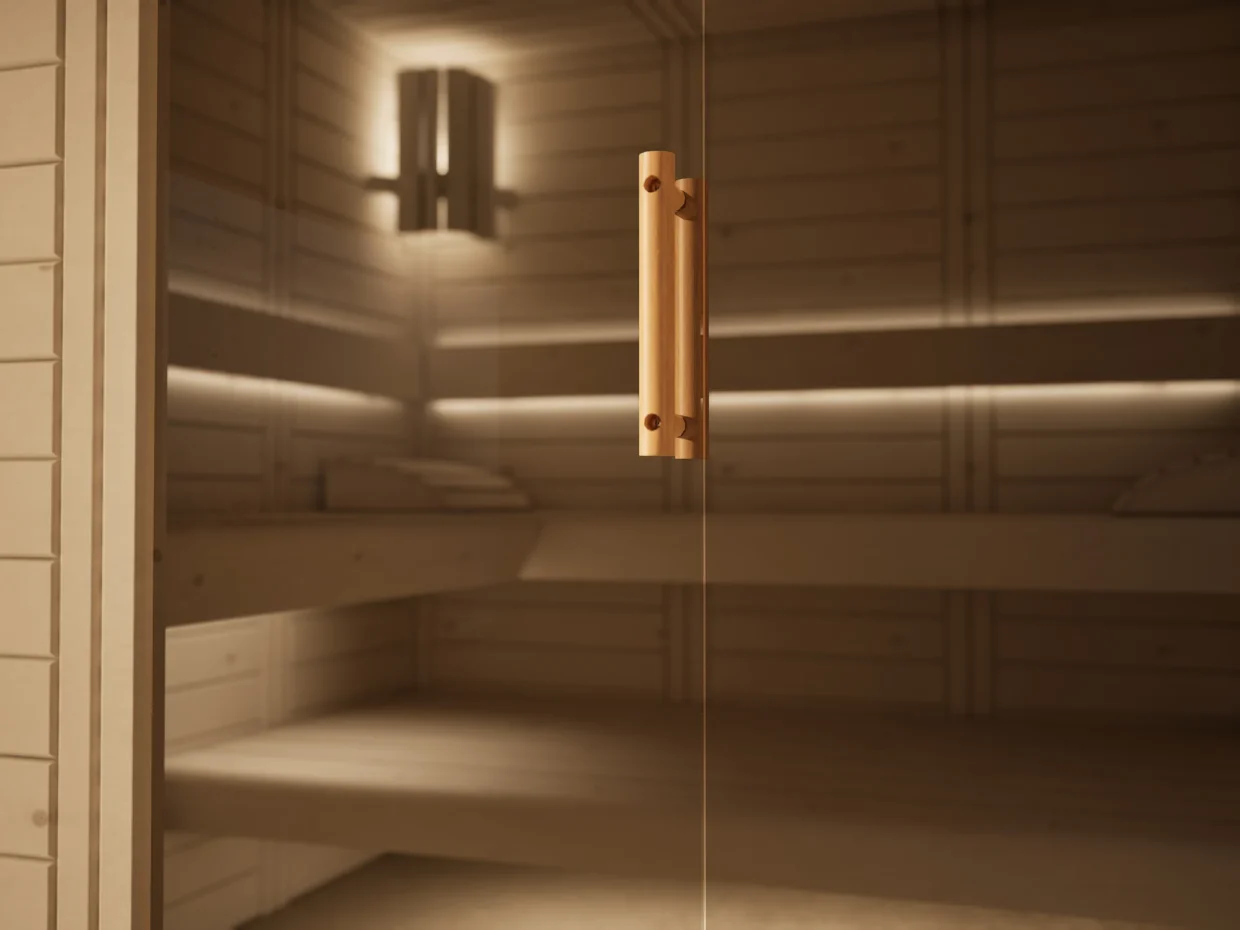 Holzgriff und Saunalampe der Sauna Morena Massivholz Zirbe Individual, Kabine ohne Ofen