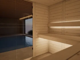 Untere Liege mit indirekter LED-Beleuchtung in der Sauna Morena Massivholz Zirbe Individual