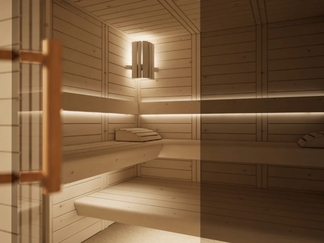 Blick in die Sauna Morena Massivholz Zirbe Individual ohne Saunaofen, mit Lampe und beiden Liegen