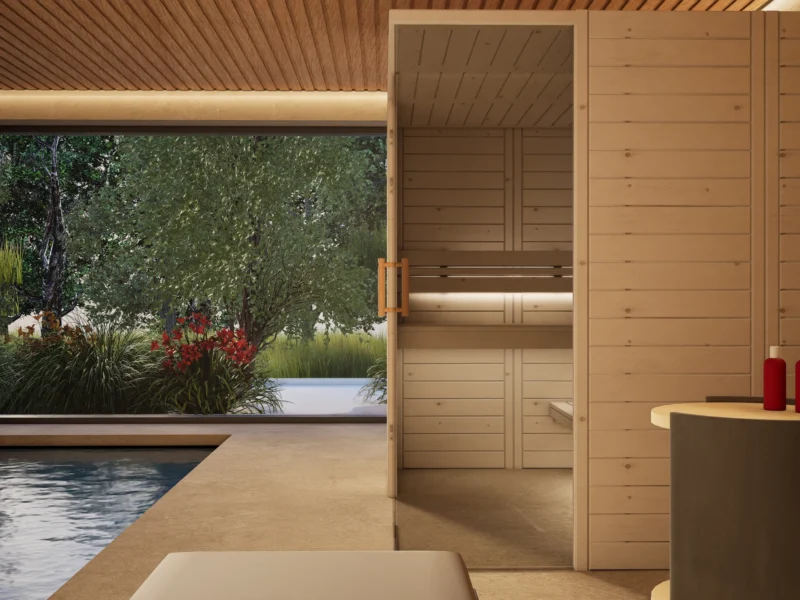 Sauna Morena Massivholz Zirbe von der Seite, Glastür mit Holzgriff und Blick in den Garten
