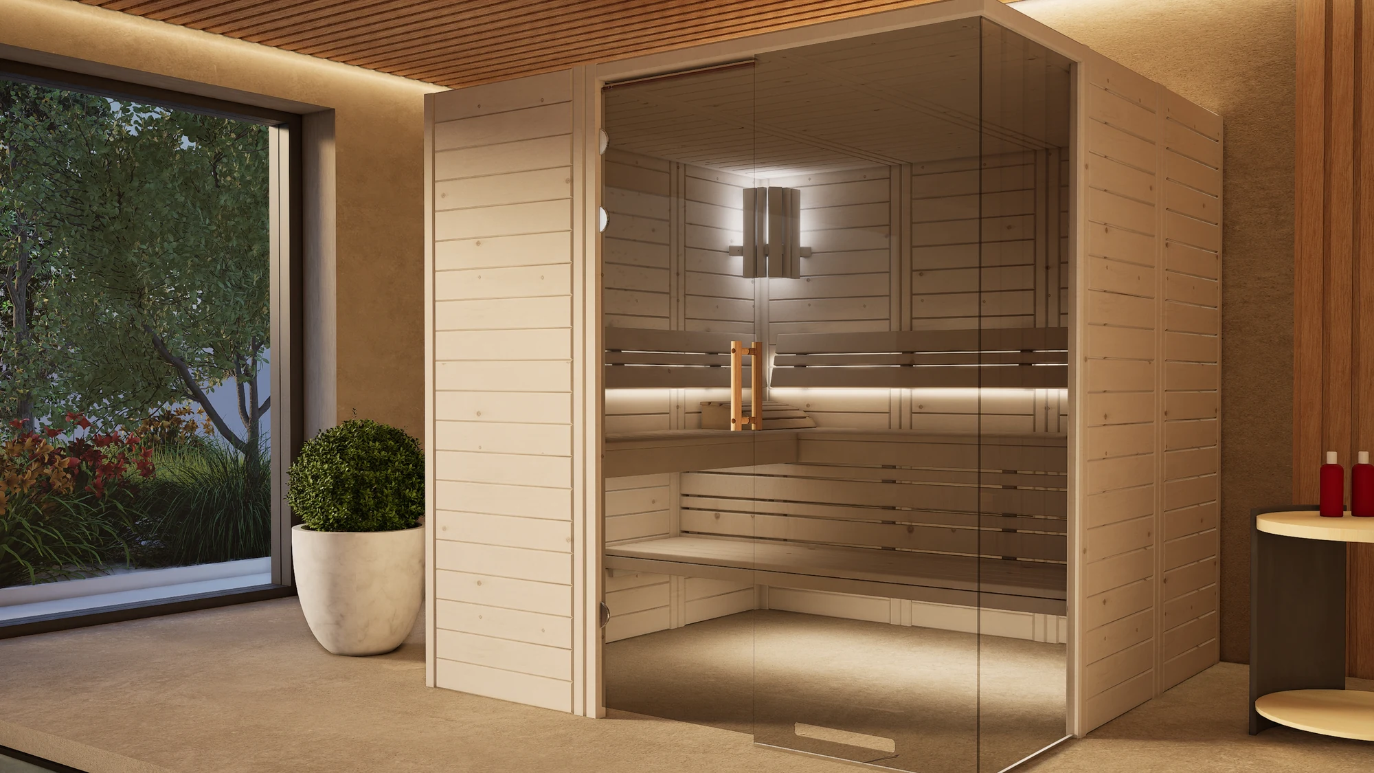 Sauna Morena Massivholz Zirbe im Wellnessbereich am Pool, Lieferung ohne Saunaofen