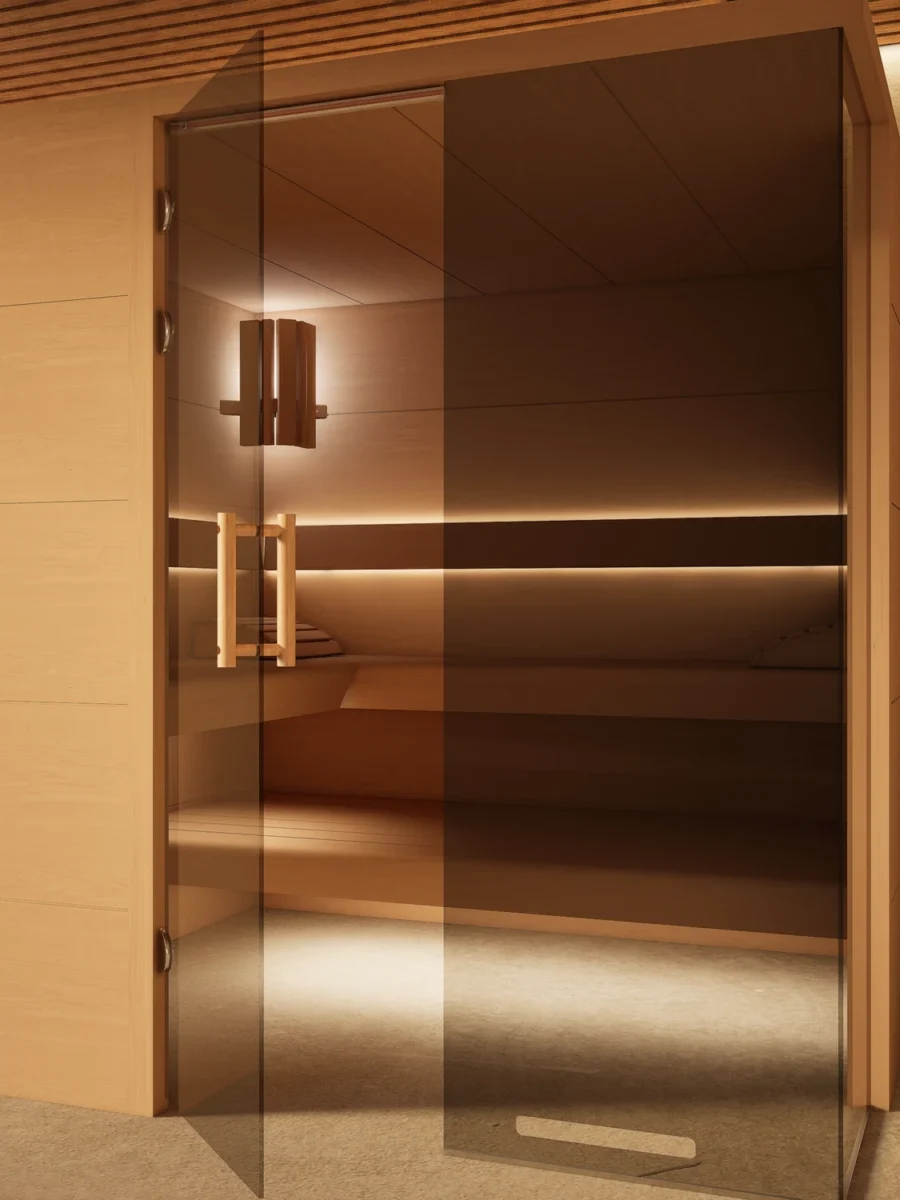 Sauna Morena Plattenbauweise Erle mit geöffneter Glastür, Ofenplatz noch frei
