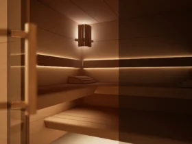Blick in die Sauna Morena Plattenbauweise Erle ohne Saunaofen, mit Lampe und beiden Liegen