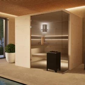 Sauna Morena Platte Zirbe – Gesamtansicht am Pool