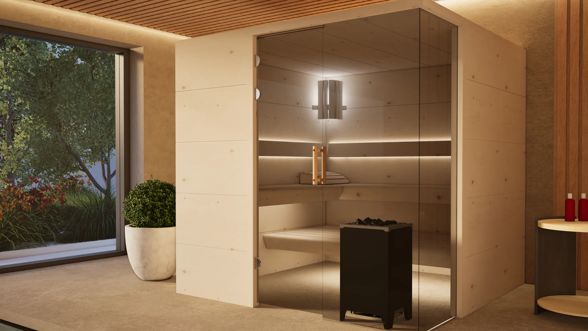 Sauna Morena Platte Zirbe im Wellnessbereich am Pool