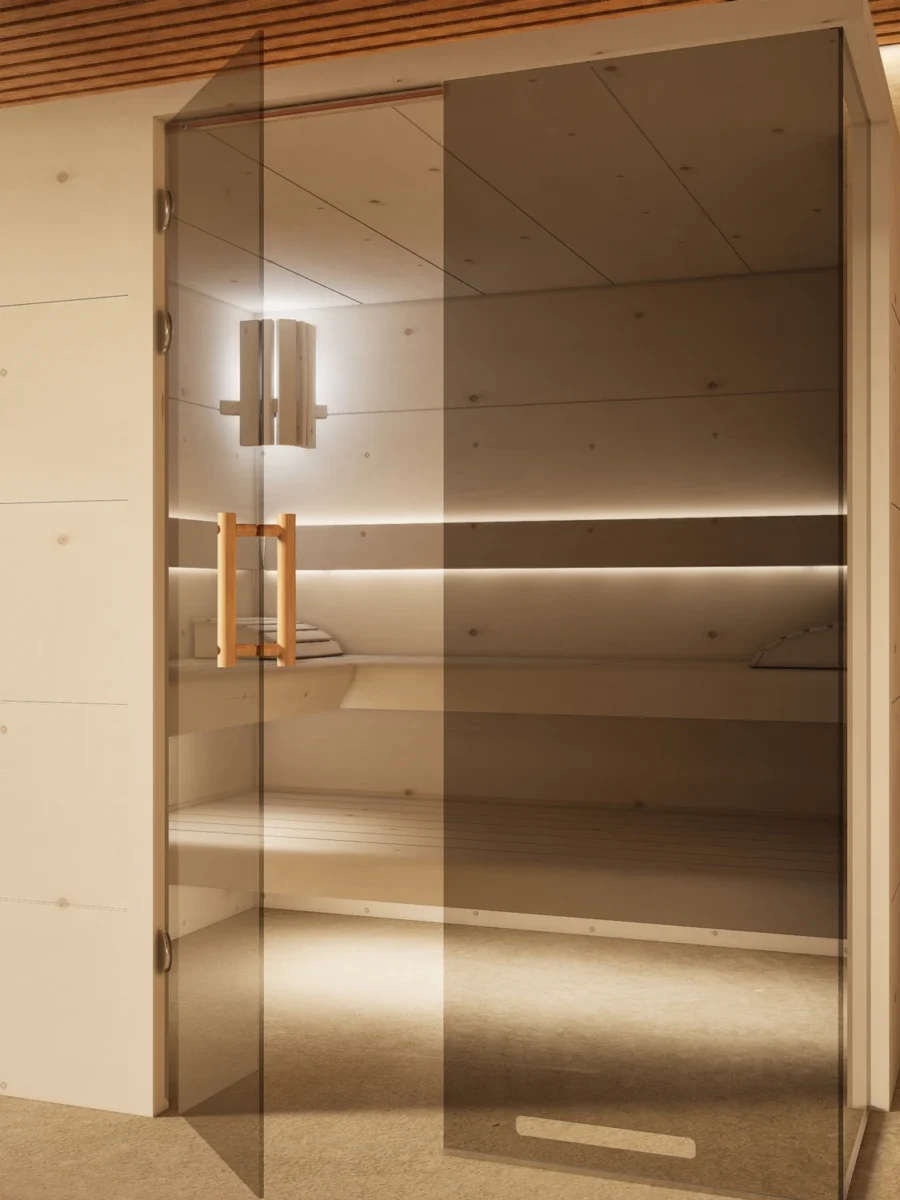 Sauna Morena Plattenbauweise Zirbe mit geöffneter Glastür, Ofenplatz noch frei