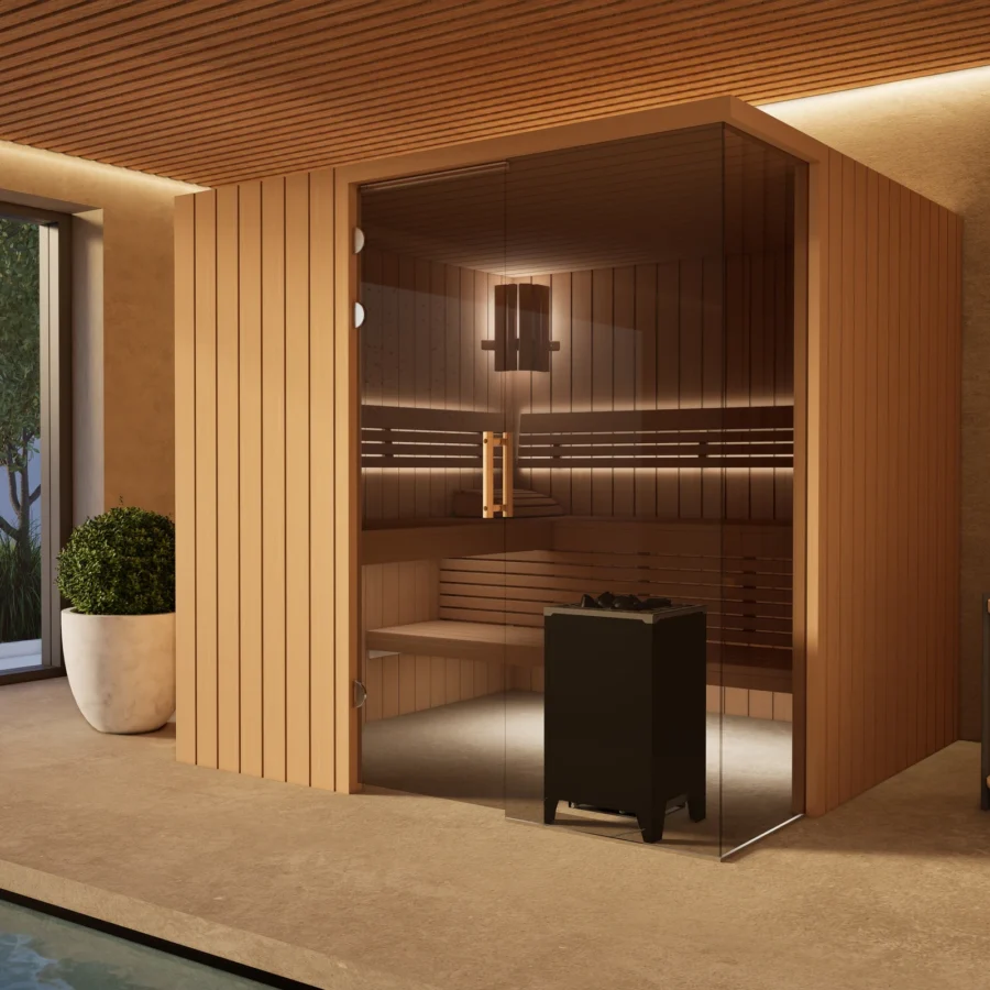 Sauna Morena Profilholz Erle – Gesamtansicht am Pool