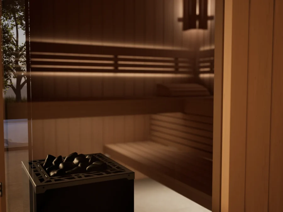 Saunaofen mit Diabas-Steinen in der Sauna Morena Profilholz Erle