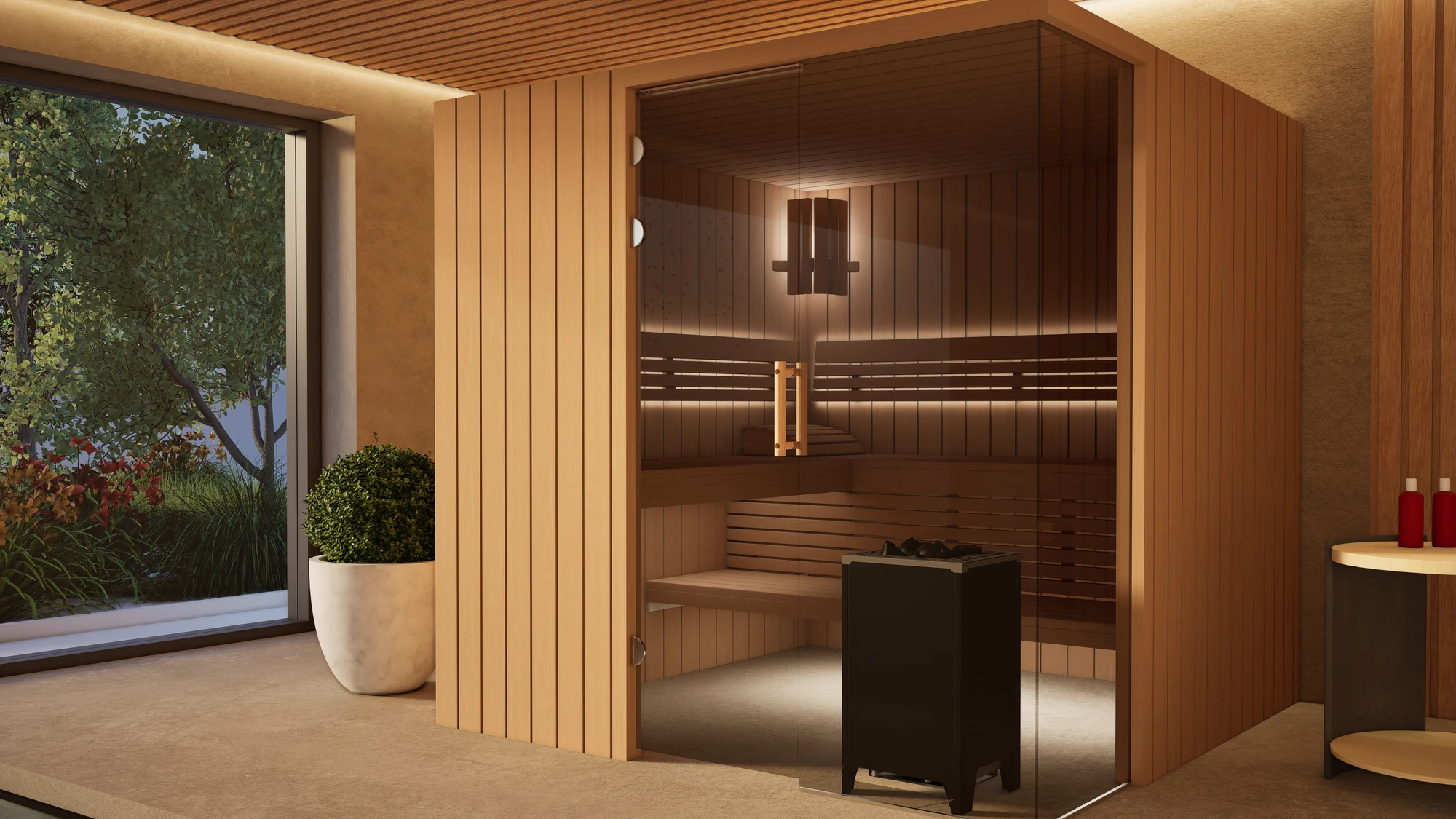 Sauna Morena Profilholz Erle im Wellnessbereich am Pool
