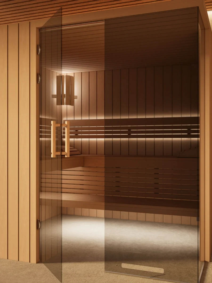 Sauna Morena Profilholz Erle mit geöffneter Glastür, Ofenplatz noch frei