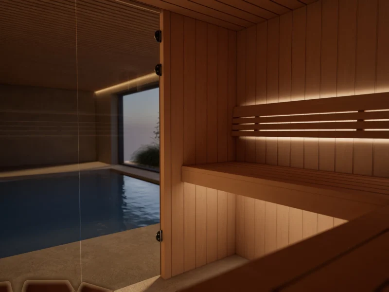 Untere Liege mit indirekter LED-Beleuchtung in der Sauna Morena Profilholz Erle