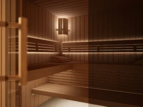 Blick in die Sauna Morena Profilholz Erle ohne Saunaofen, mit Lampe und beiden Liegen
