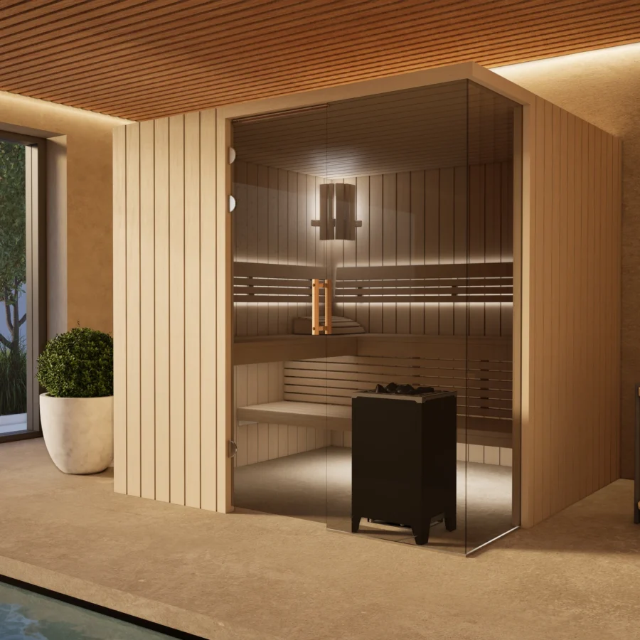 Sauna Morena Profilholz Linde – Gesamtansicht am Pool