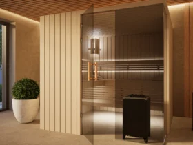 Sauna Morena Profilholz Linde – geöffnete Glastür mit Saunaofen