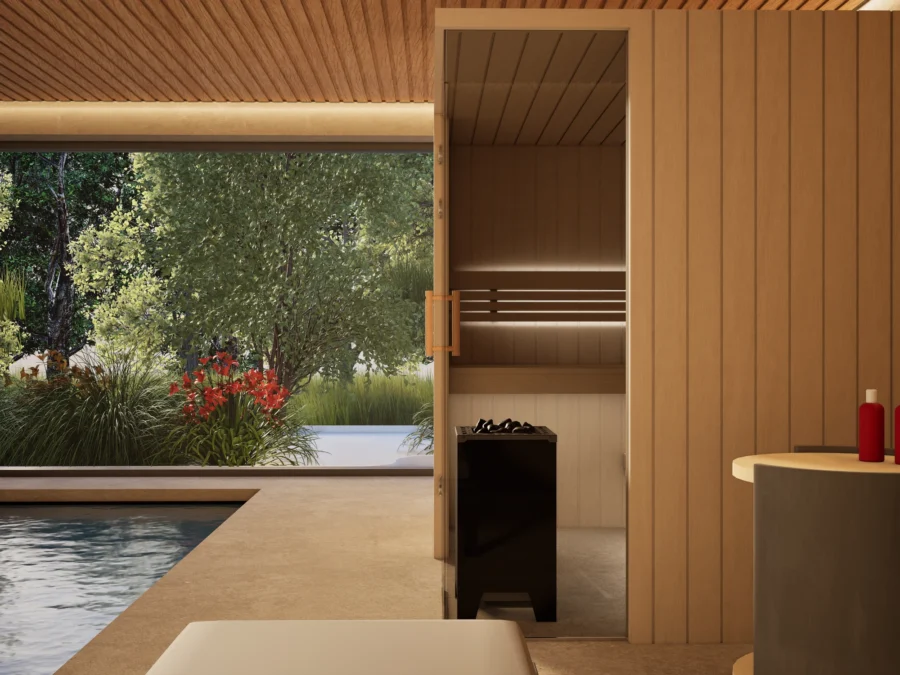 Sauna Morena Profilholz Linde – Glastür mit Holzgriff, Blick in den Garten