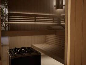 Saunaofen mit Diabas-Steinen in der Sauna Morena Profilholz Linde