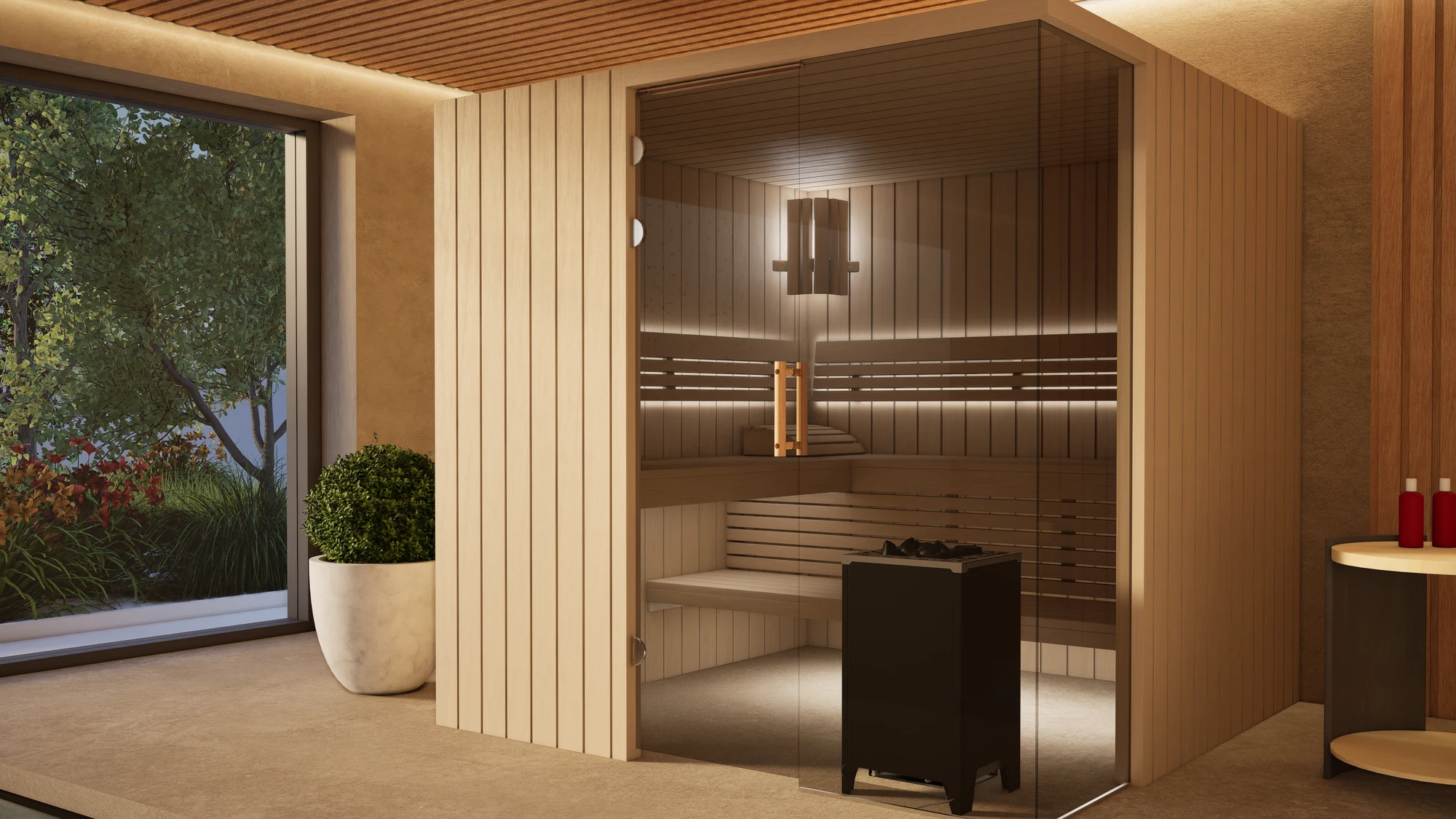 Sauna Morena Profilholz Linde im Wellnessbereich am Pool