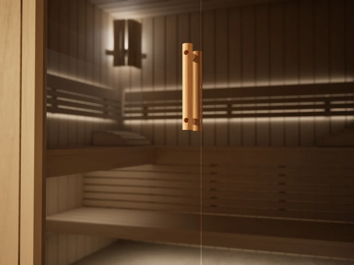 Holzgriff und Saunalampe der Sauna Morena Profilholz Linde, Kabine ohne Ofen