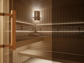 Blick in die Sauna Morena Profilholz Linde ohne Saunaofen, mit Lampe und beiden Liegen