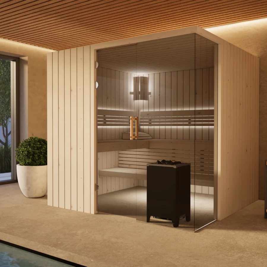 Sauna Morena Profilholz Zirbe – Gesamtansicht am Pool