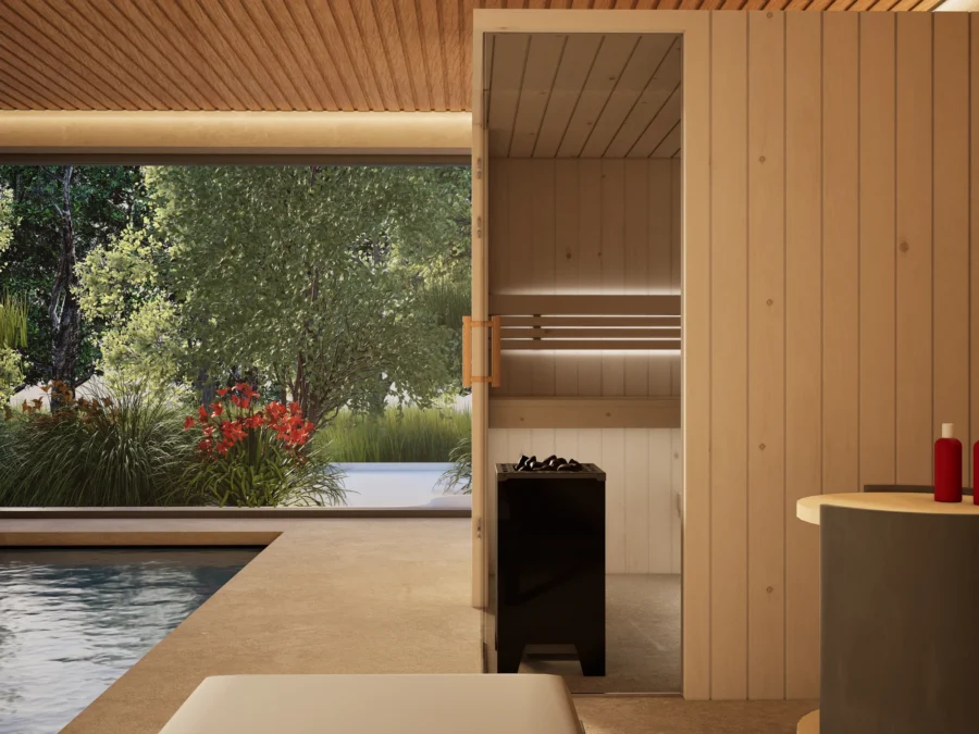 Sauna Morena Profilholz Zirbe – Glastür mit Holzgriff, Blick in den Garten