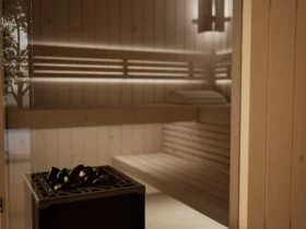 Saunaofen mit Diabas-Steinen in der Sauna Morena Profilholz Zirbe