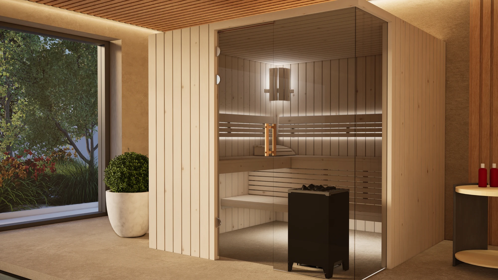 Sauna Morena Profilholz Zirbe im Wellnessbereich am Pool